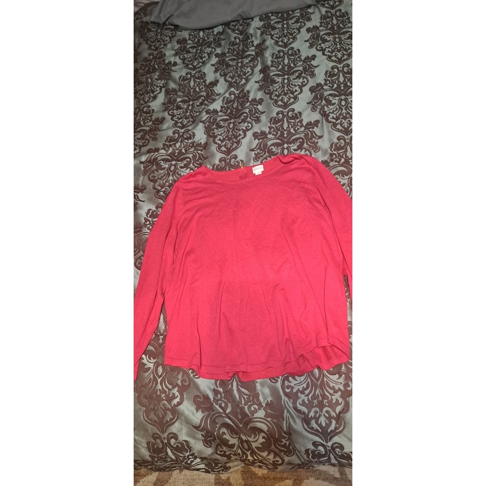 Chicos Sultry Red 3/4 Sleeve Zipper Back Hi Low Hem Round Neck Top Shirt Women 3